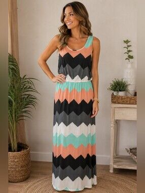 J for Justify Maxi Dress Womens 1X Chevron Stripe Sleeveless Boho Coral Mint